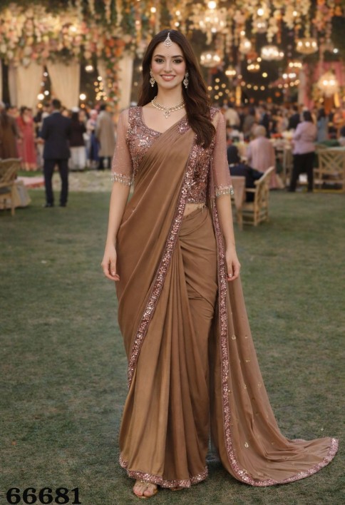 Brown Lycra Embroidered Work Trendy Saree for Festival